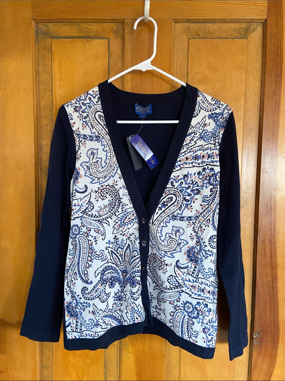 Pendleton Navy and White Paisley Button-Up Cardigan